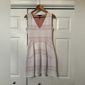 BCBGMaxAzria Tan White Lace-Style V-Neck Fit & Flare Mini Dress